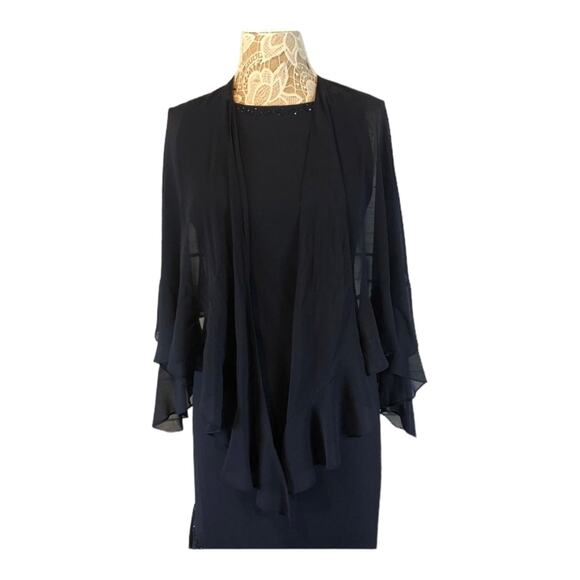 Davids bridal formal sleevless long navy beaded tiered dress with shawl size 4 - Picture 6 of 12